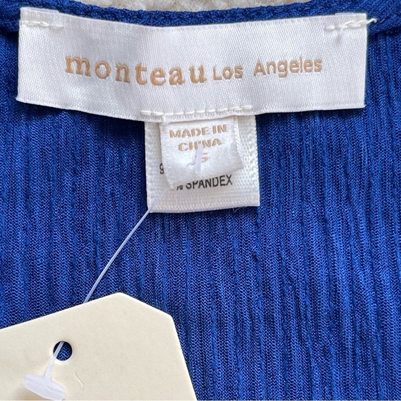 Monteau Blue Crinkle Jumpsuit Women’s Size S Belted Sleeveless Wide Leg - Picture 8 of 9